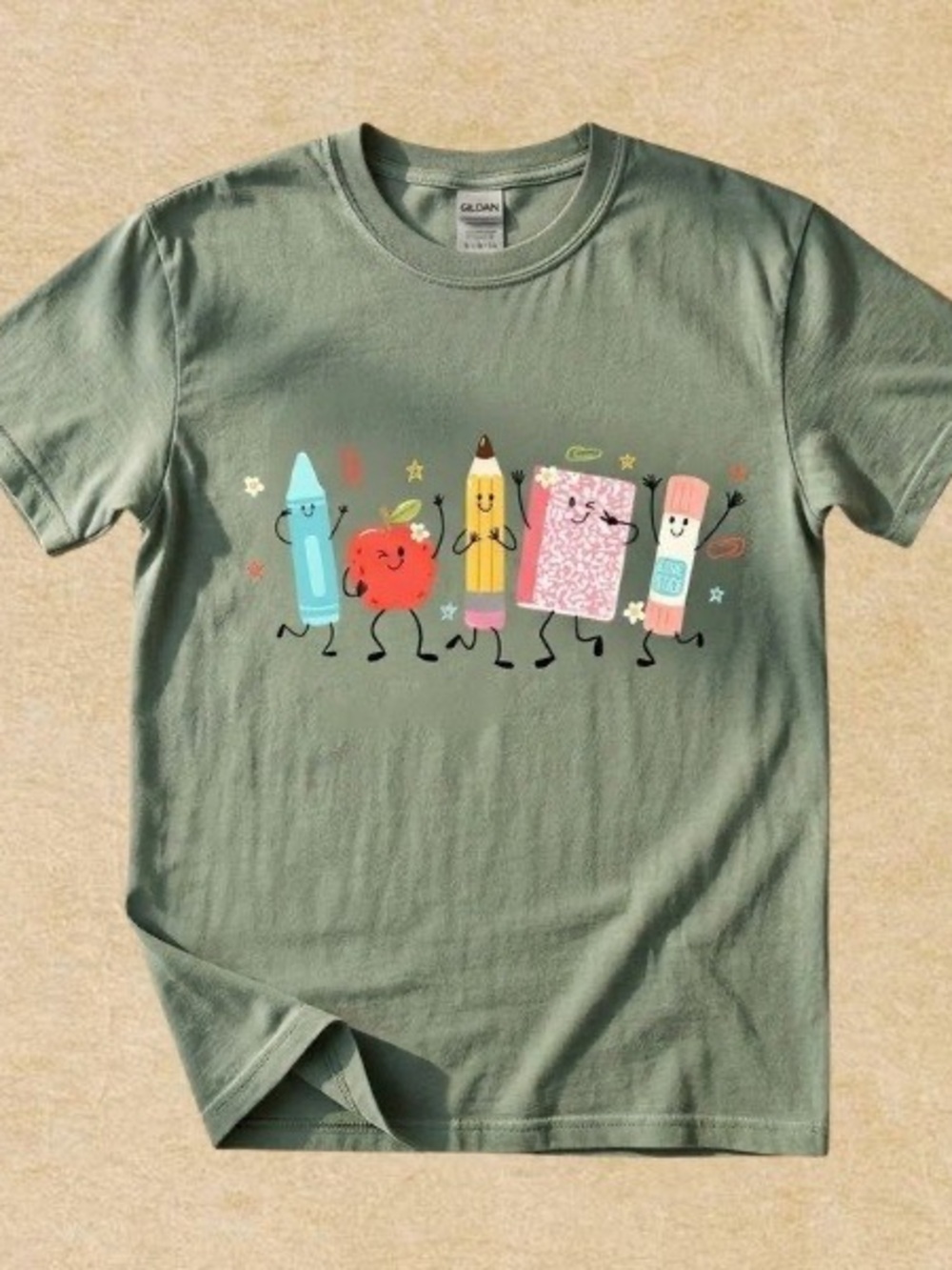 Cute Back to school crayon pencil notebook Gildan Military Green Tee